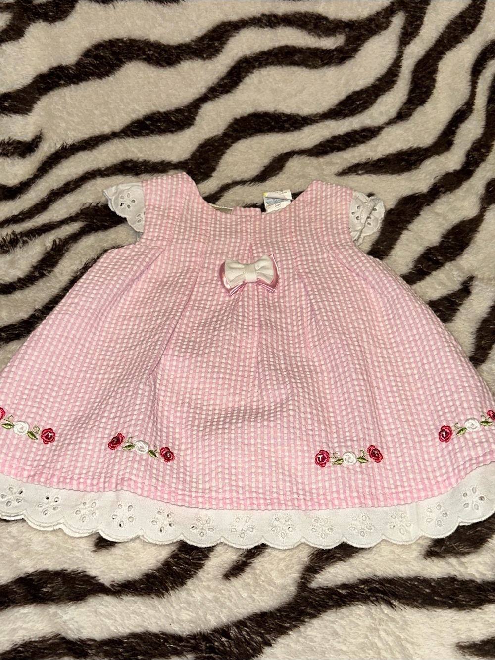 Vintage Pink Gingham Baby Dress with Bow and Rose Embroidery